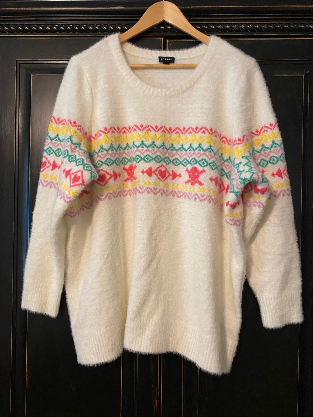 Torrid Off White Fuzzy Fair Isle Sweater with Pink Skulls, Yellow & Teal accents